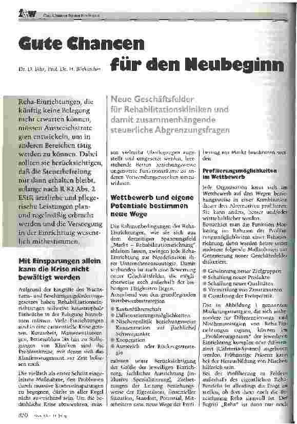 Vorschauseite 1: Gute Chancen für den Neubeginn Neue Geschäftsfelder für Rehabilitationskliniken und damit zusammenhängende steuerliche Abgrenzungsfragen