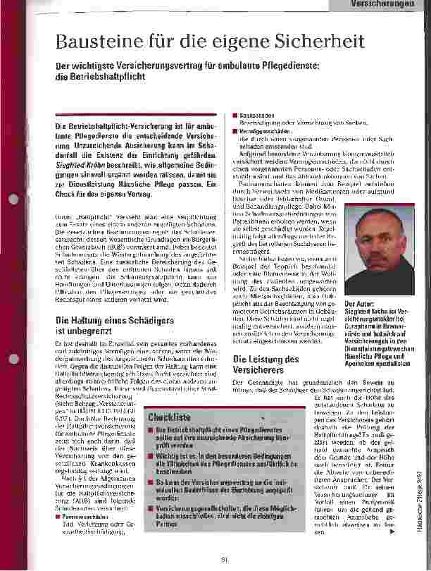 Vorschauseite 1: Bausteine für die eigene Sicherheit Der wichtigste Versicherungsvertrag für ambulante Pflegedienste: die Betriebshaftpflicht