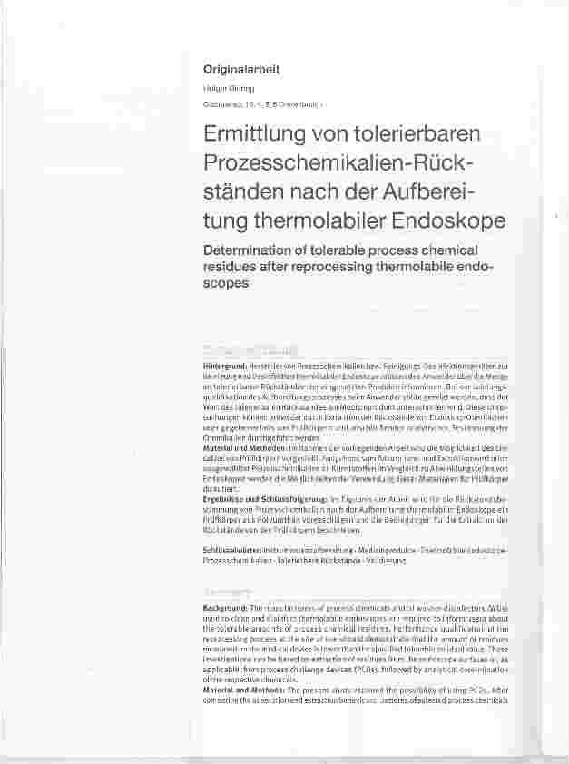 Vorschauseite 1: Ermittlung von tolerierbaren Prozesschemikalien-Rückständen nach der Aufbereitung thermolabiler Endoskope