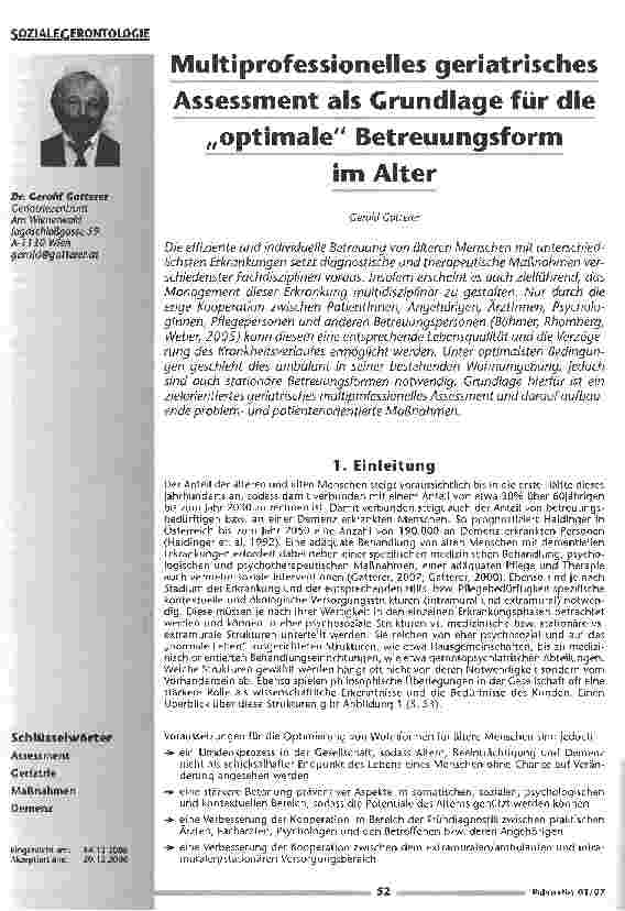 Vorschauseite 1: Multiprofessionelles geriatrisches Assessment als Grundlage für die optimale Betreuungsform im Alter
