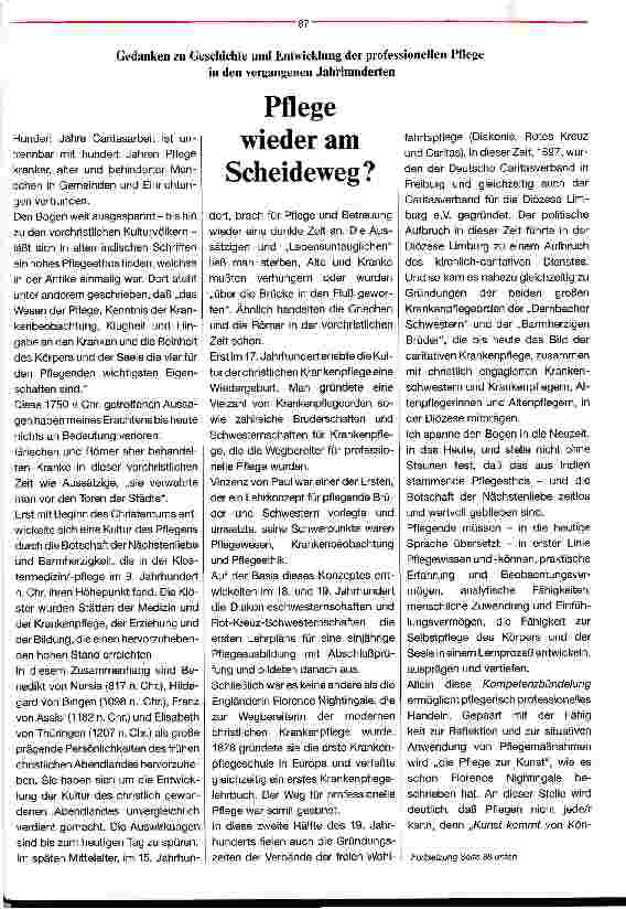 Vorschauseite 1: Pflege wieder am Scheideweg? Gedanken zur Geschichte und Entwicklung der professionellen Pflege in den vergangen Jahrunderten