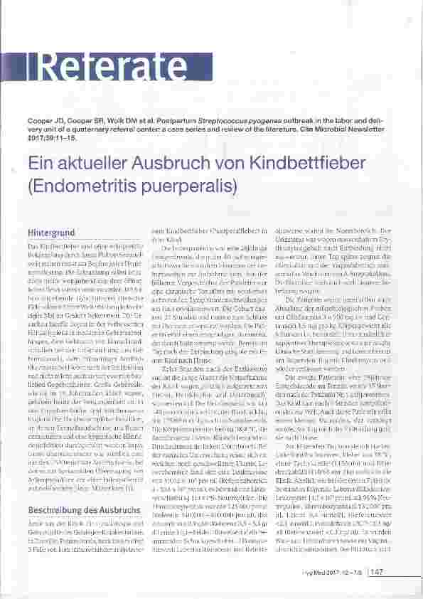 Vorschauseite 1: Ein aktueller Ausbruch von Kindbettfieber (Endometritis puerperalis)