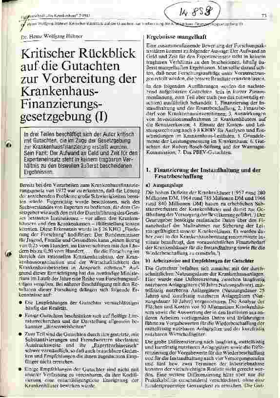 Vorschauseite 1: Kritischer Rückblick auf die Gutachten zur Vorbereitung der Krankenhausfinanzierungsgesetzgebung