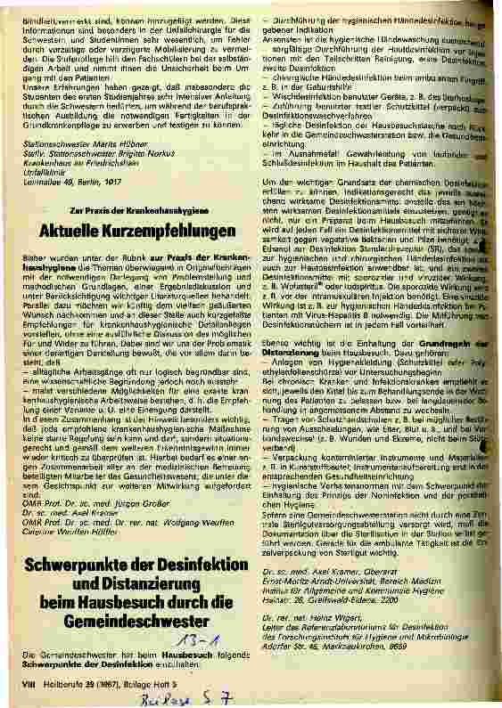 Vorschauseite 1: Schwerpunkte der Desinfektion und Distanzierung beim Hausbesuch durch die Gemeindeschwester