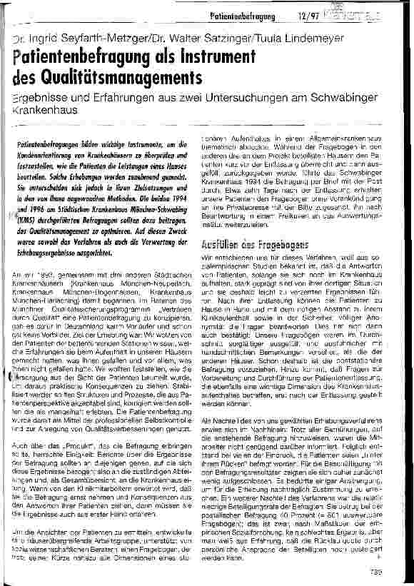 Vorschauseite 1: Patientenbefragung als Instrument des Qualitätsmanagements Ergebnisse und Erfahrungen aus zwei Untersuchungen am Schwabinger Krankenhaus