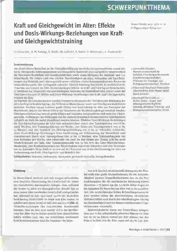Vorschauseite 1: Kraft und Gleichgewicht im Alter: Effekte und Dosis-Wirkungs-Beziehungen von Kraftund Gleichgewichtstraining