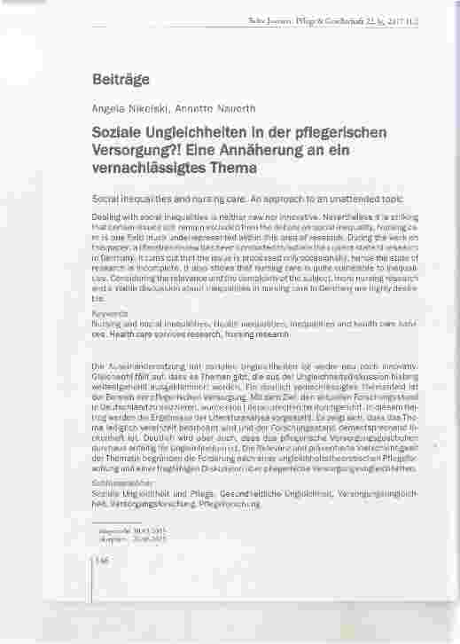 Vorschauseite 1: Soziale Ungleichheiten in der pflegerischen Versorgung?! Eine Annäherung an ein vernachlässigtes Thema
