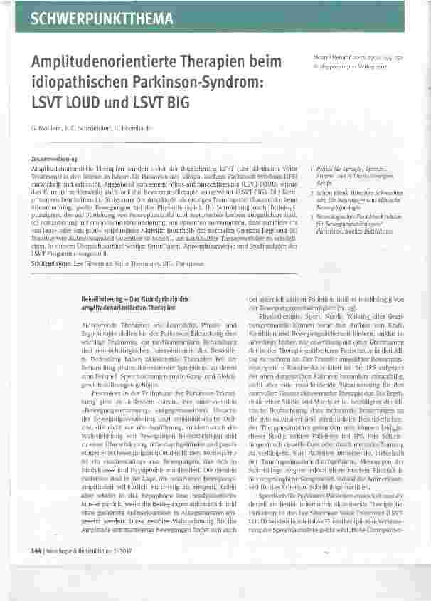Vorschauseite 1: Amplitudenorientierte Therapien beim idiopathischen Parkinson-Syndrom:LSVT LOUD und LSVT BIG