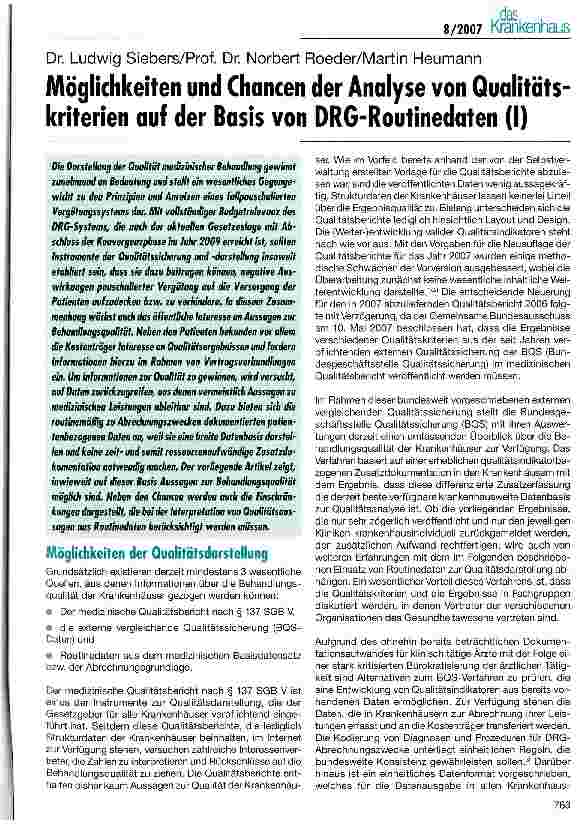 Vorschauseite 1: Möglichkeiten und Chancen der Analyse von Qualitätskriterien auf der Basis von DRG-Routinedaten (I)
