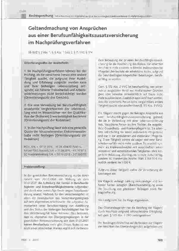 Vorschauseite 1: Geltendmachung von Ansprüchen aus einer Berufsunfähigkeitszusatzversicherung im Nachprüfungsverfahren