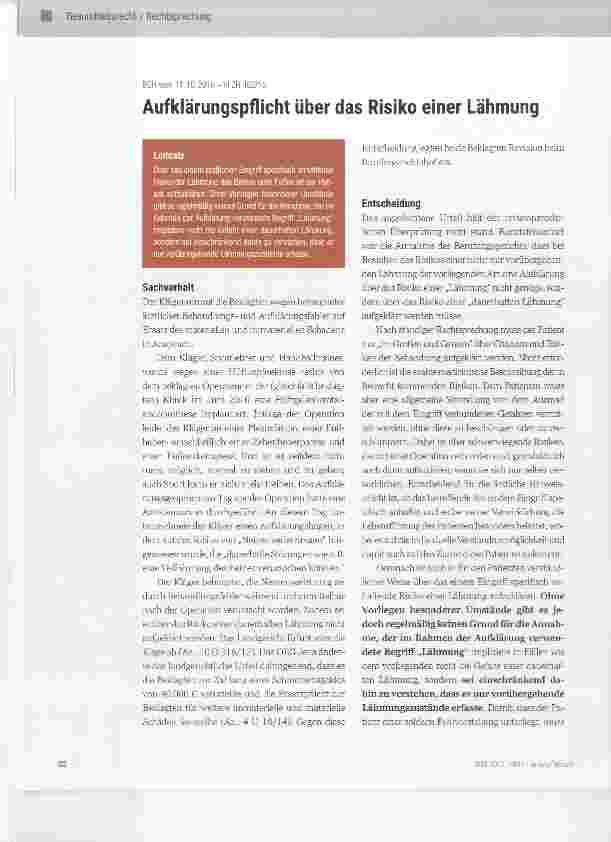 Vorschauseite 1: Aufklärungspflicht über das Risiko einer Lähmung