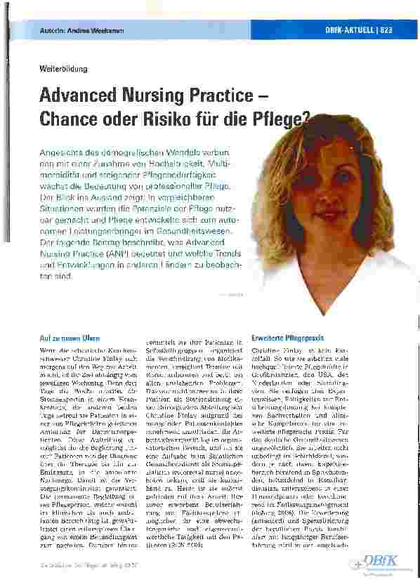 Vorschauseite 1: Advanced Nursing Practice -Chance oder Risiko für die Pflege