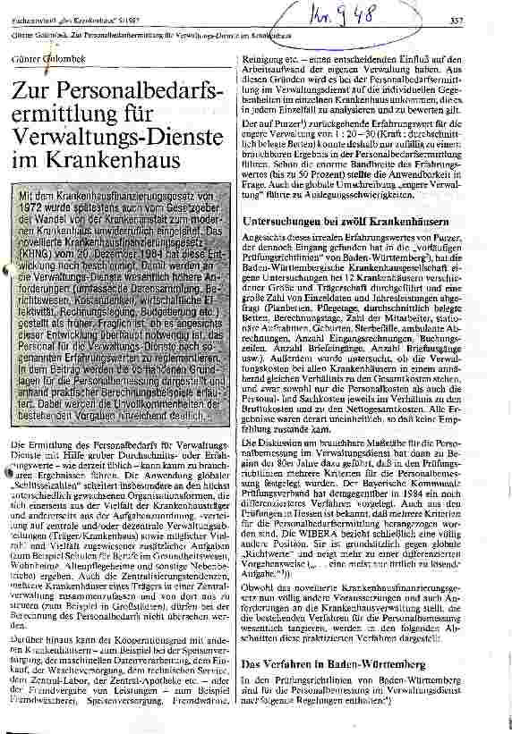 Vorschauseite 1: Zur Personalbedarfsermittlung für Verwaltungsdienste im Krankenhaus