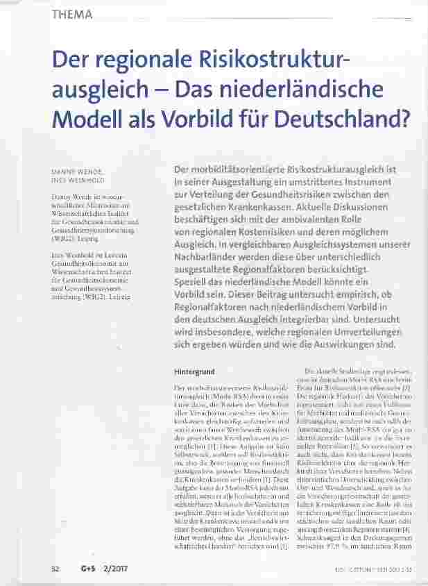 Vorschauseite 1: Der regionale Risikostrukturausgleich Das niederländische Modell als Vorbild für Deutschland?