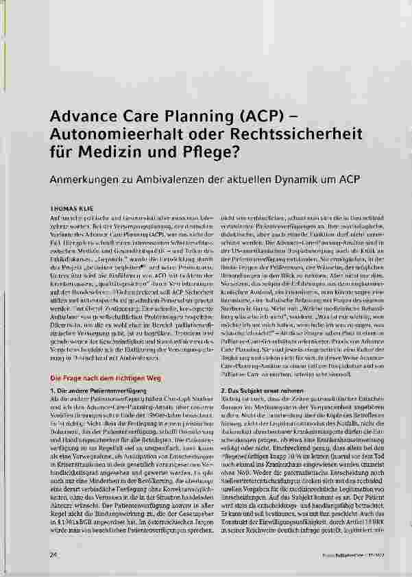Vorschauseite 1: Advance Care Planning (ACP) Autonomieerhalt oder Rechtssicherheit für Medizin und Pflege?