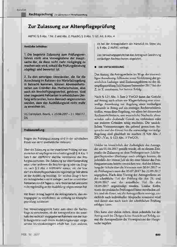 Vorschauseite 1: Zur Zulassung zur Altenpflegeprüfung