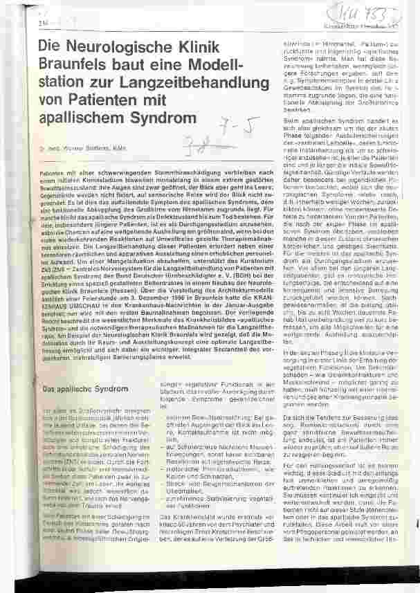 Vorschauseite 1: Die Neurologische Klinik Braunfels baut eine Modellstation zur Langzeitbehandlung von Patienten mit apallischem Syndrom