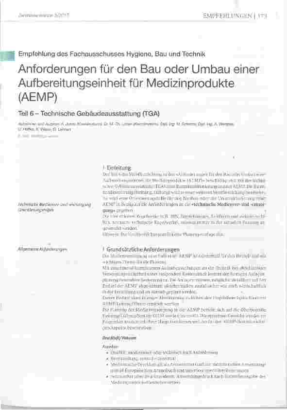 Vorschauseite 1: Anforderungen für den Bau oder Umbau einer Aufbereitungseinheit für Medizinprodukte(AEMP)