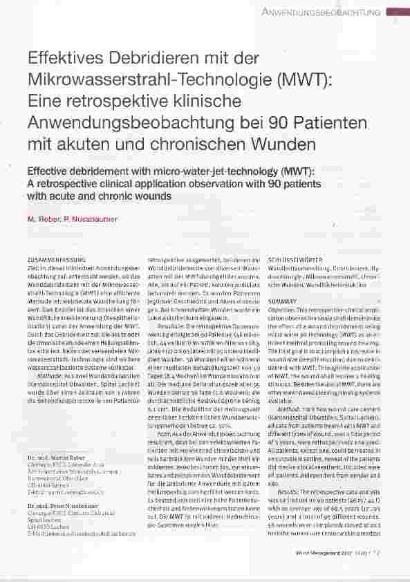 Vorschauseite 1: Effektives Debridieren mit der Mikrowasserstrahl-Technologie (MWT):Eine retrospektive klinische Anwendungsbeobachtung bei 90 Patienten mit akuten und chronischen Wunden