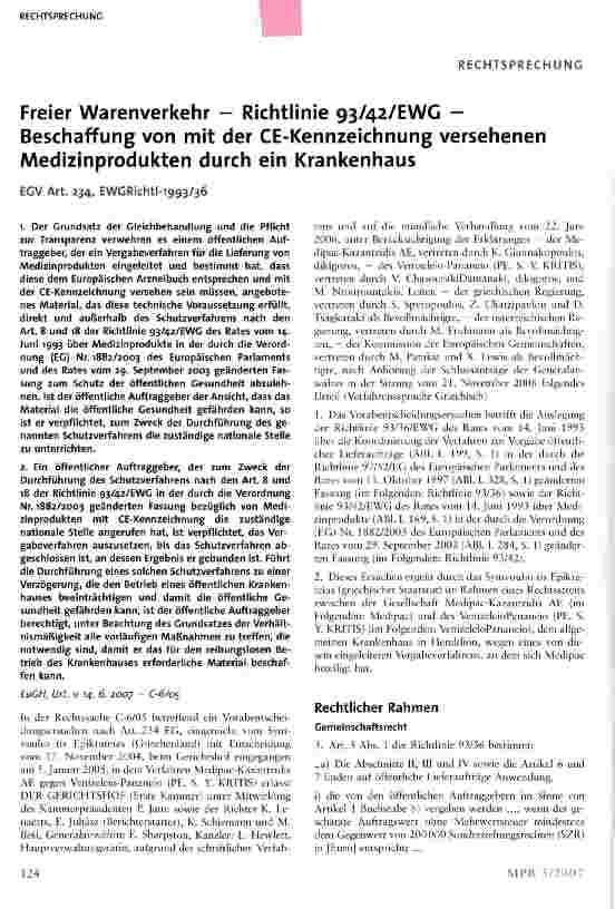 Vorschauseite 1: Freier Warenverkehr - Richtlinie 93/42/EWG -Beschaffung von mit der CE-Kennzeichnung versehenen Medizinprodukten durch ein Krankenhaus