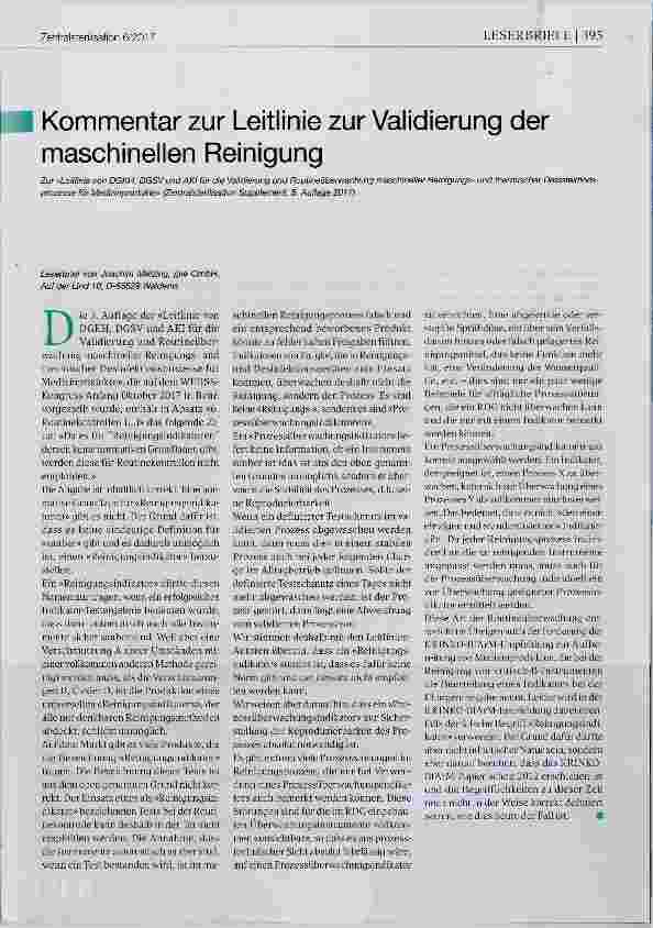 Vorschauseite 1: Kommentar zur Leitlinie zur Validierung der maschinellen Reinigung