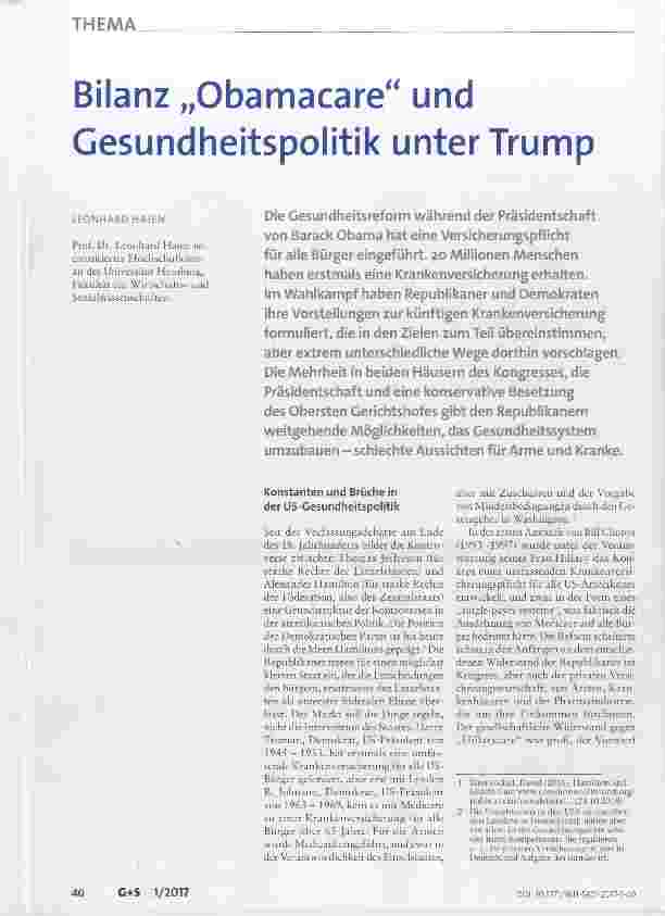 Vorschauseite 1: Bilanz „Obamacare“ und Gesundheitspolitik unter Trump