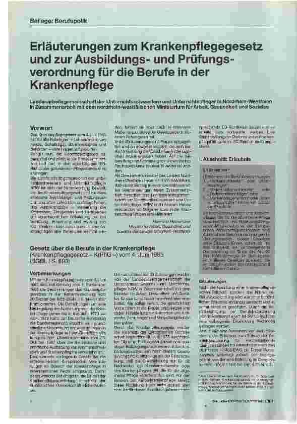 Vorschauseite 1: Erläuterungen zum Krankenpflegegesetz und zur Ausbildungsund Prüfungsverordnung für die Berufe in der Krankenpflege