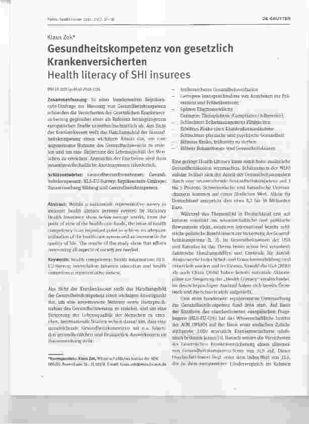 Vorschauseite 1: Gesundheitskompetenz von gesetzlich Krankenversicherten Health literacy of SHI insurees
