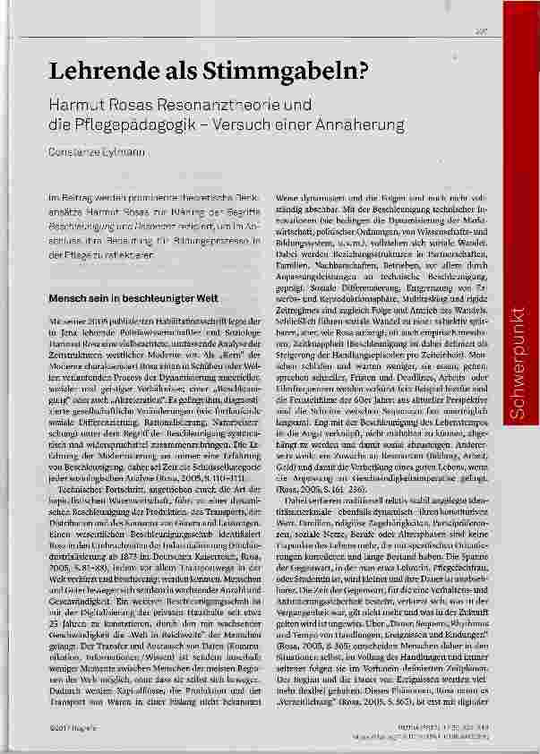 Vorschauseite 1: Lehrende als Stimmgabeln? Harnnut Rosas Resonanztheorie und die Pfiegepädagogik Versuch einer Annäherung