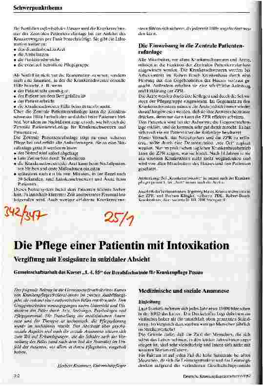 Vorschauseite 1: Die Pflege einer Patientin mit Intoxikation Vergiftung mit Essigsäure in suizidaler Absicht