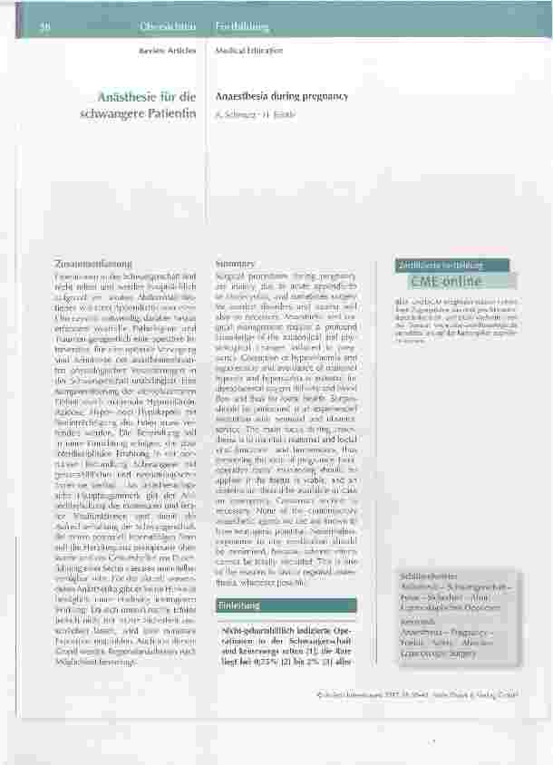 Vorschauseite 1: Anästhesie für die schwangere Patientin