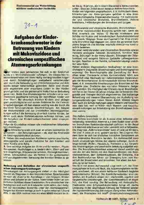 Vorschauseite 1: Aufgaben der Kinderkrankenschwester in der Betreuung von Kindern mit Mukoviszidose und chronischen unspezifischen Atemwegserkrankungen