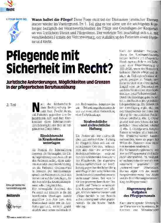 Vorschauseite 1: Pflegende mit Sicherheit im Recht? 2. Teil Juristische Anforderungen, Möglichkeiten und Grenzen in der pflegerischen Berufsausübung