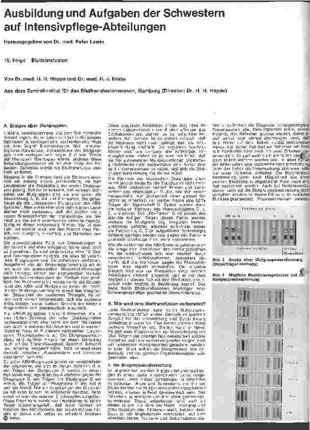 Vorschauseite 1: Ausbildung und Aufgaben der Schwester auf Intensivpflegeabteilungen 15. Folge: Bluttransfusionen