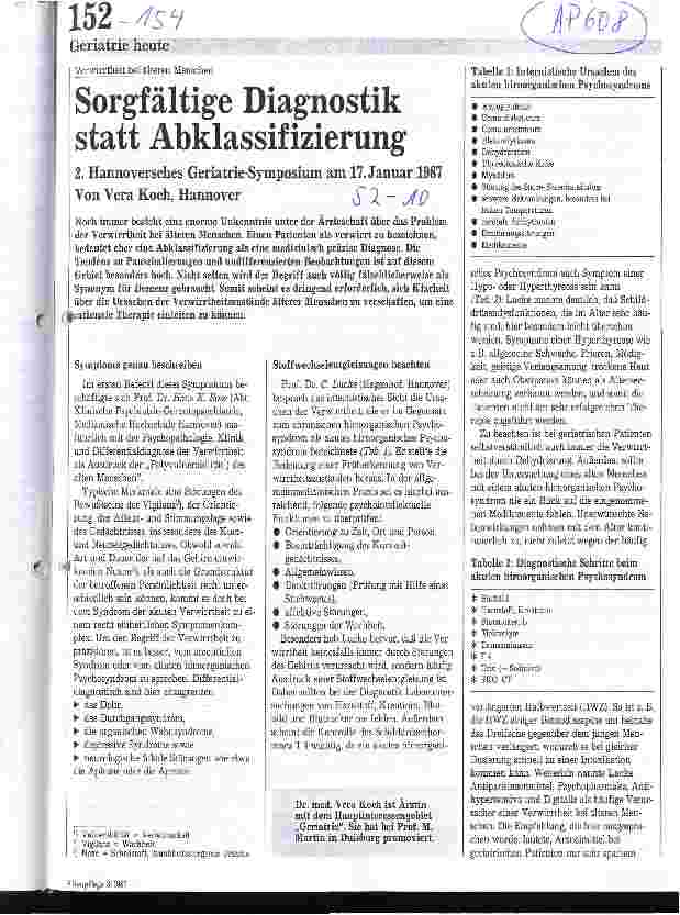 Vorschauseite 1: Sorgfältige Diagnostik statt Abklassifizierung / 2.Hannoversches Geriatrie-Symposium am 17.1.1987