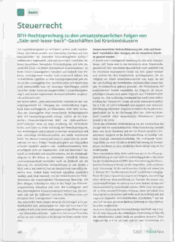 Vorschauseite 1: BFH-Rechtsprechung zu den umsatzsteuerlichen Folgen von „Sale-and-lease-back-Geschäften bei Krankenhäusern