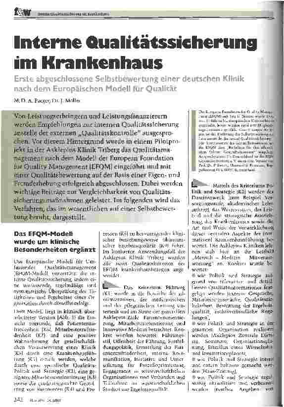 Vorschauseite 1: Interne Qualitätssicherung im Krankenhaus Erste abgeschlossene Selbstbewertung einer deutschen Klinik nach dem Europäischen Modell für Qualität