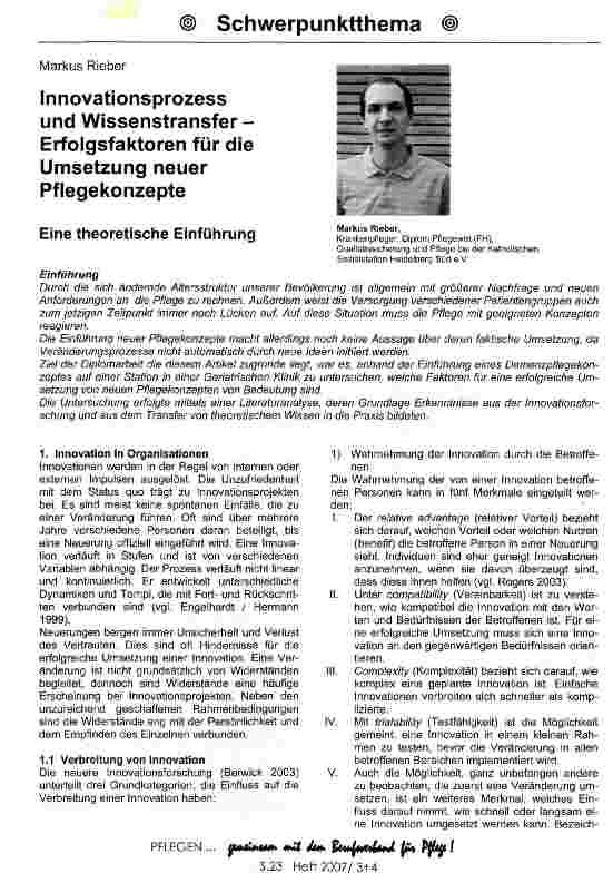 Vorschauseite 1: Innovationsprozess und Wissenstransfer -Erfolgsfaktoren für die Umsetzung neuer Pflegekonzepte