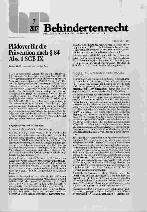 Vorschauseite 1: Plädoyer für die Prävention nach § 84 Abs. 1 SGB IX