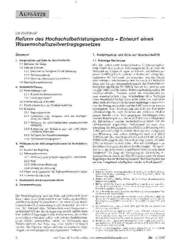 Vorschauseite 1: Reform des Hochschulbefristungsrechts - Entwurf eines Wissenschaftszeitvertragsgesetzes