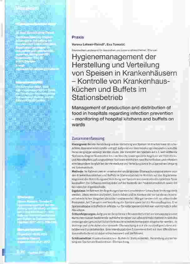 Vorschauseite 1: Hygienemanagement der Herstellung und Verteilung von Speisen in KrankenhäusernKontrolle von Krankenhausküchen und Buffets im Stationsbetrieb