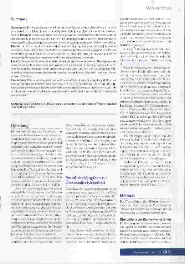 Vorschauseite 2: Hygienemanagement der Herstellung und Verteilung von Speisen in KrankenhäusernKontrolle von Krankenhausküchen und Buffets im Stationsbetrieb