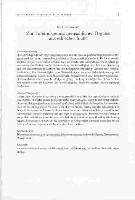 Vorschauseite 1: Zur Lebendspende menschlicher Organe aus ethischer Sicht