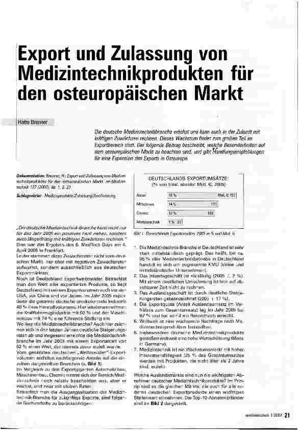 Vorschauseite 1: Export und Zulassung von Medizintechnikprodukten für den osteuropäischen Markt