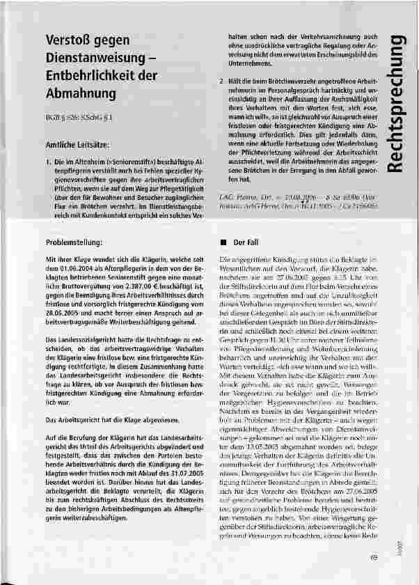 Vorschauseite 1: Verstoß gegen Dienstanweisung - Entbehrlichkeit der Abmahnung