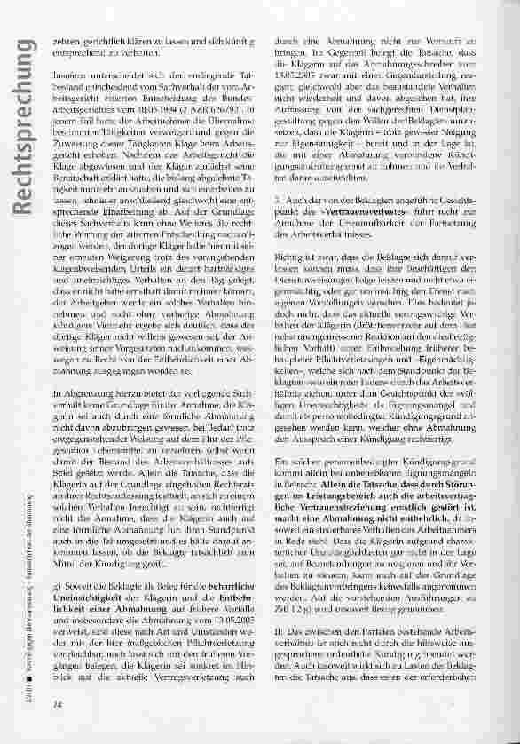 Vorschauseite 6: Verstoß gegen Dienstanweisung - Entbehrlichkeit der Abmahnung