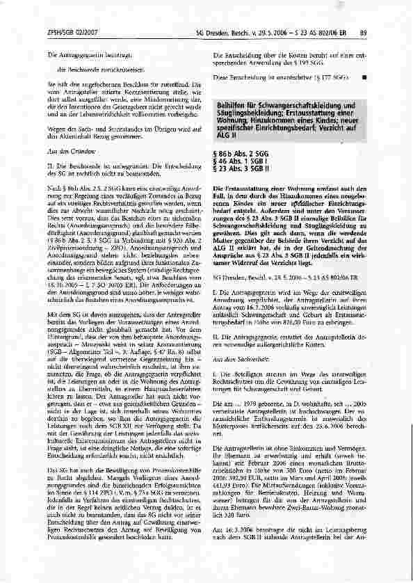 Vorschauseite 1: Beihilfen für Schwangerschaftskleidung und Säuglingsbekleidung; Erstausstattung einer Wohnung; Hinzukommen eines Kindes; neuer spezifischer Einrichtungsbedarf; Verzicht auf ALGII