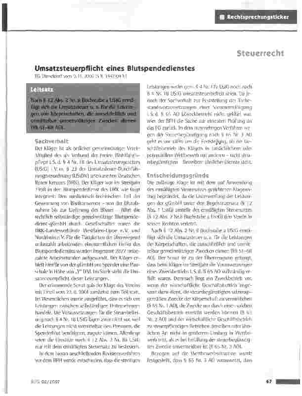 Vorschauseite 1: Umsatzsteuerpflicht eines Blutspendedienstes