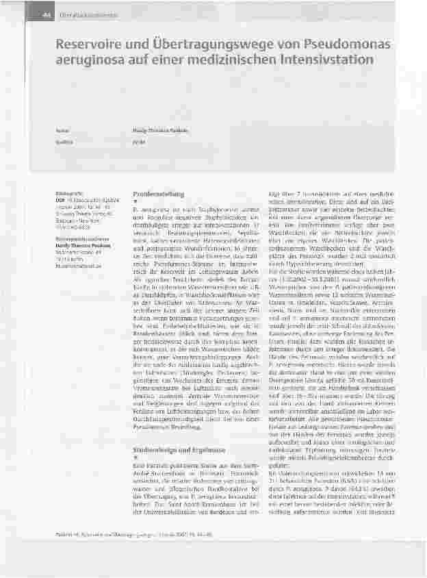 Vorschauseite 1: Reservoire und Übertragungswege von Pseudomonas aeruginosa auf einer medizinischen Intensivstation