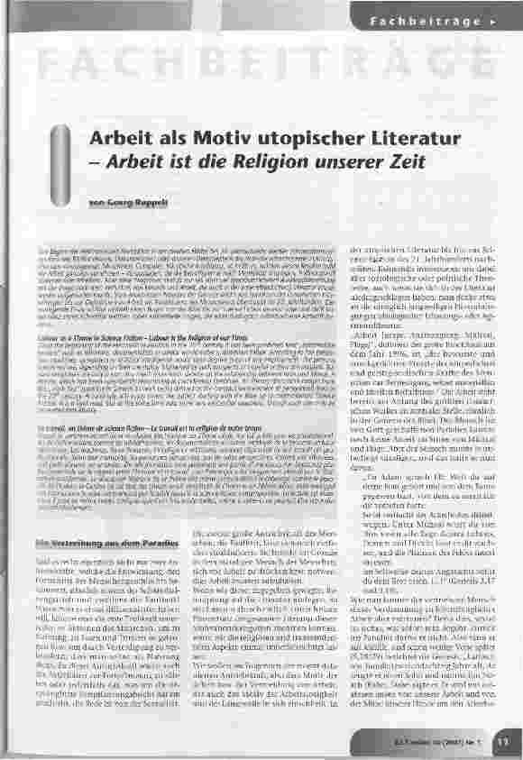 Vorschauseite 1: Arbeit als Motiv utopischer Literatur - Arbeit ist die Religion unserer Zeit